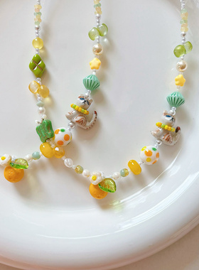 橘子辉煌 串珠捷克琉璃珠珍珠串珠锁骨链颈链配饰长度41加5