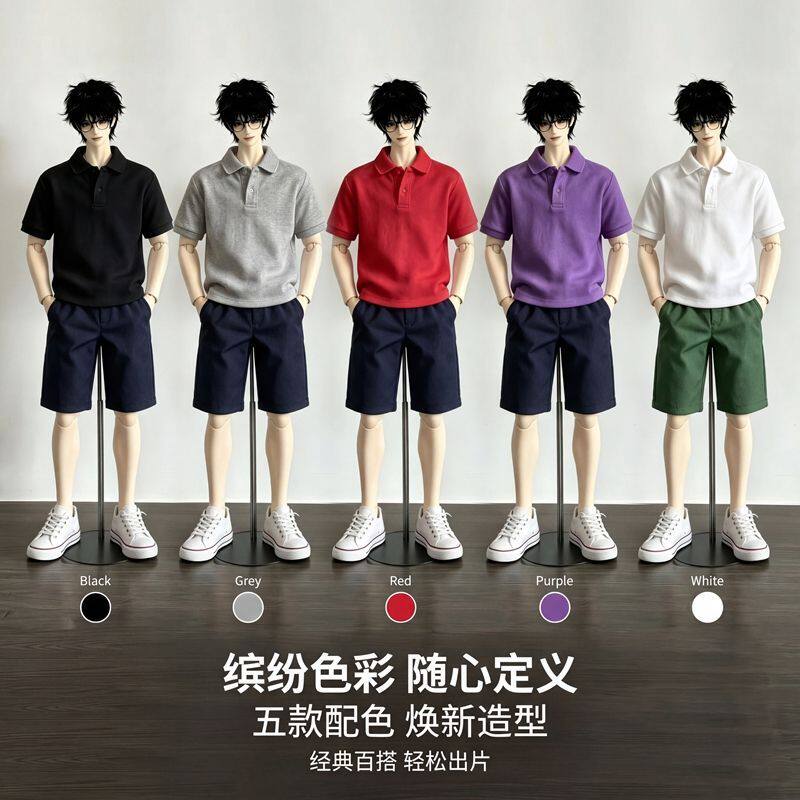 3分70叔体BJD娃衣4/6兵人体翻领Polo衫+工装短裤 男娃日常套装