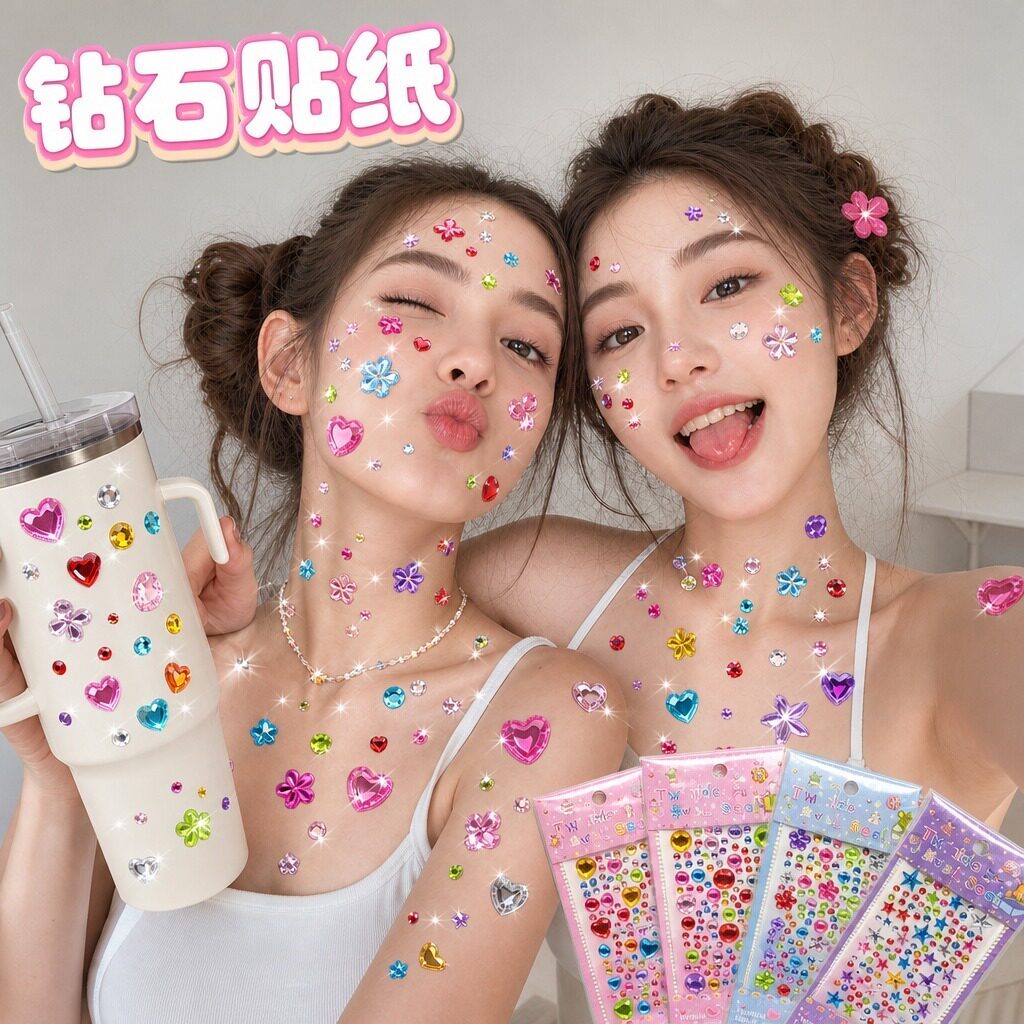 ins风闪亮钻石贴纸儿童女孩彩色宝石水晶贴画面部diy装饰奖励贴