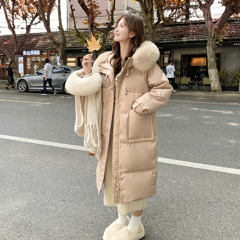 羽绒服女式中长款2025冬季新款大毛领连帽过膝加厚韩版牛角扣外套