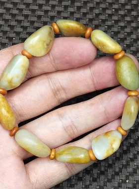 新疆和田玉籽料手串无修洒金皮高青白手链00652