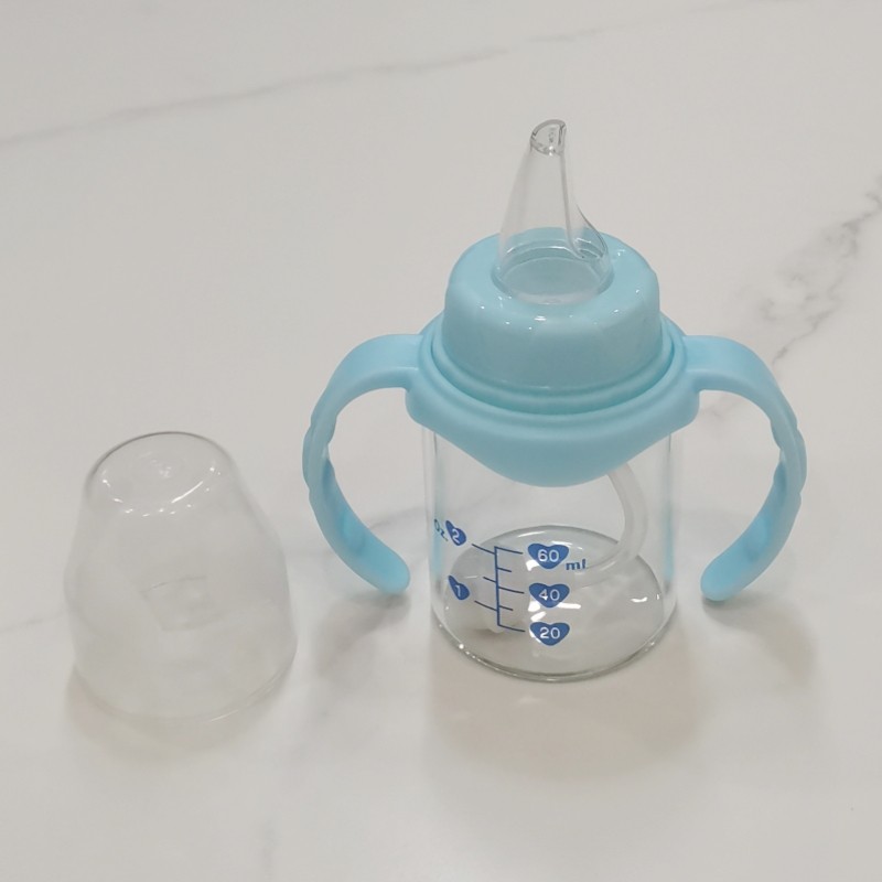 新生儿标口60ml玻璃鸭嘴杯带手柄重力球吸管月子护理奶瓶喝水杯