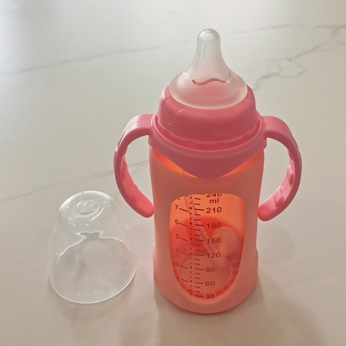 护唇防喷宽口防摔玻璃奶瓶带手柄重力球吸管硅胶保护套180/240ml
