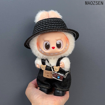 新品labub娃衣可爱搪胶一二三代搪胶挂件衣服草帽纽扣背带裤套装