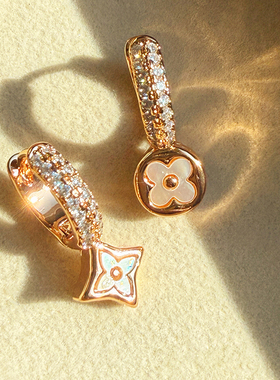 轻奢镶钻四叶草耳环女天然贝母玫瑰金圆环耳扣小众高级感个性耳饰