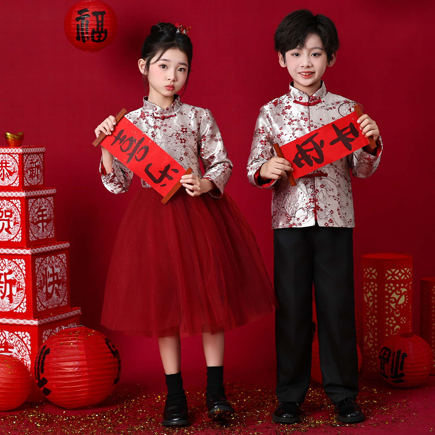 元旦儿童演出服小学生大合唱女童红色礼服舞蹈裙诗歌朗诵表演服装