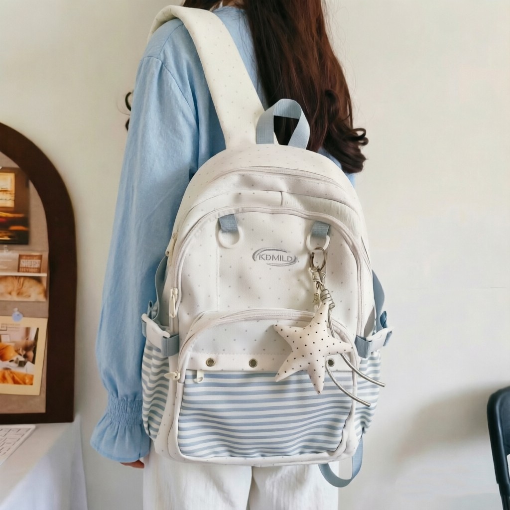 双肩包女韩系条纹撞色小众设计大学生上课包电脑包中学生书包旅行