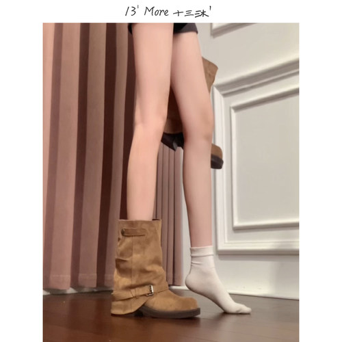 13' More ▏十三沐＇欧美风粗跟短靴女四季皮带扣堆堆靴骑士靴