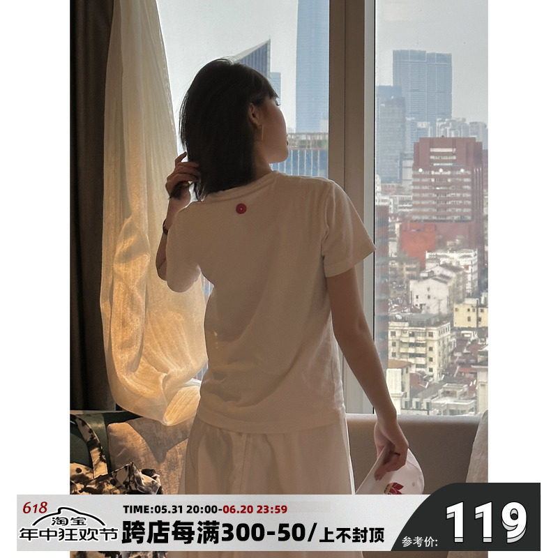 【张含韵同款】cold gold白色纽扣圆领短袖T恤棉百搭正肩女显瘦