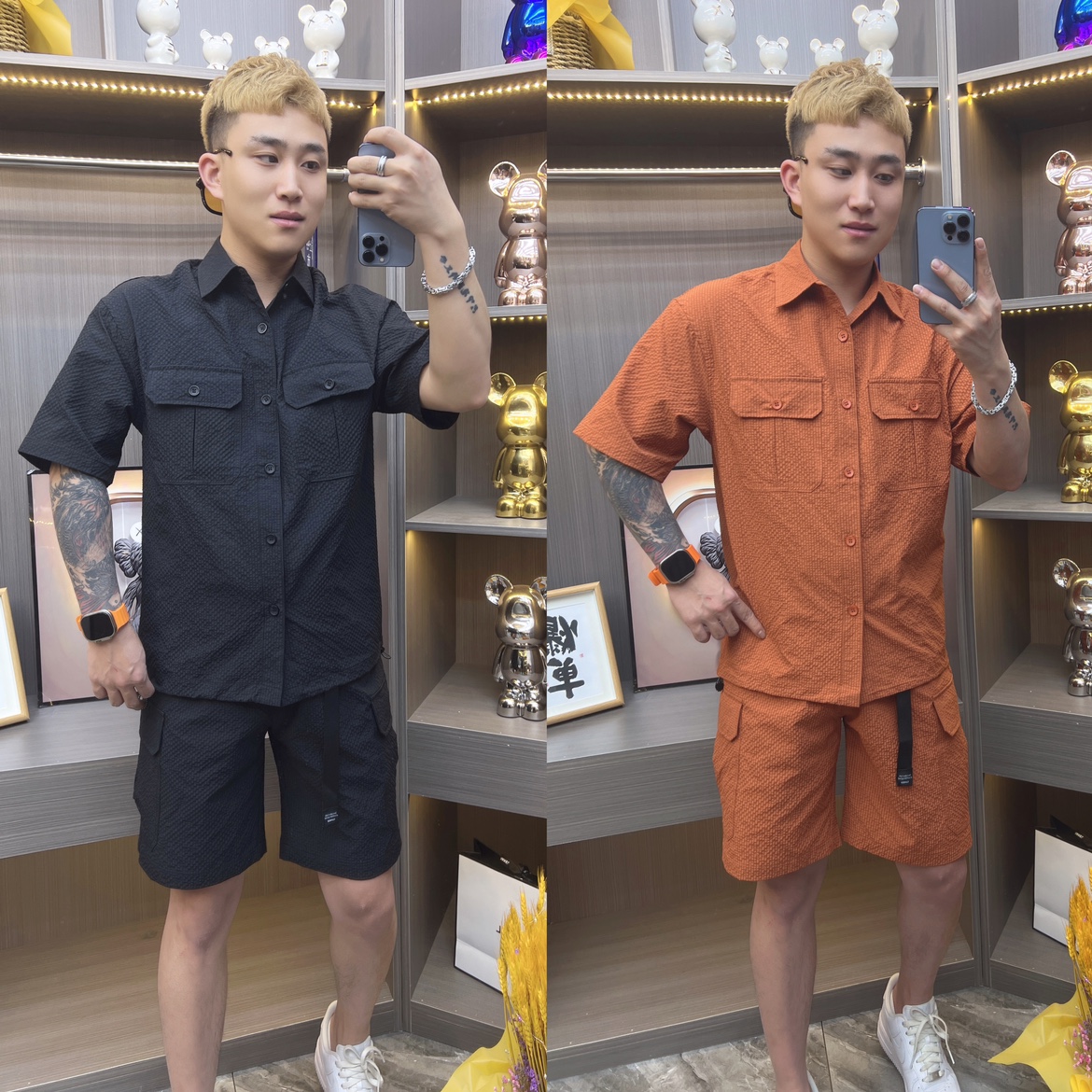 日系复古潮流高级感褶皱设计衬衫半袖时尚男士短裤套装情侣两件套
