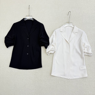 TH新品 皱褶袖醋酯混纺西装领收腰西装中袖衬衫 Q0109505