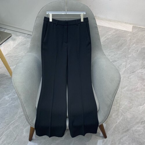 Th春夏新品女装 三醋酯纤维混纺高腰微喇黑色长裤 O0109246