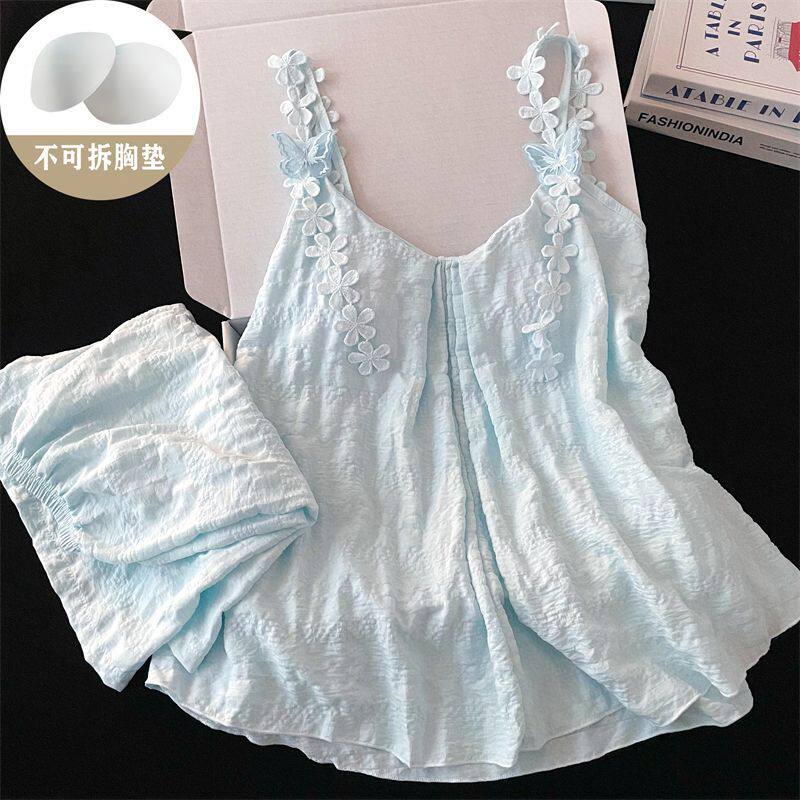 睡衣女小众蓝色花朵套装夏季新款甜美带胸垫吊带短裤家居服可外穿