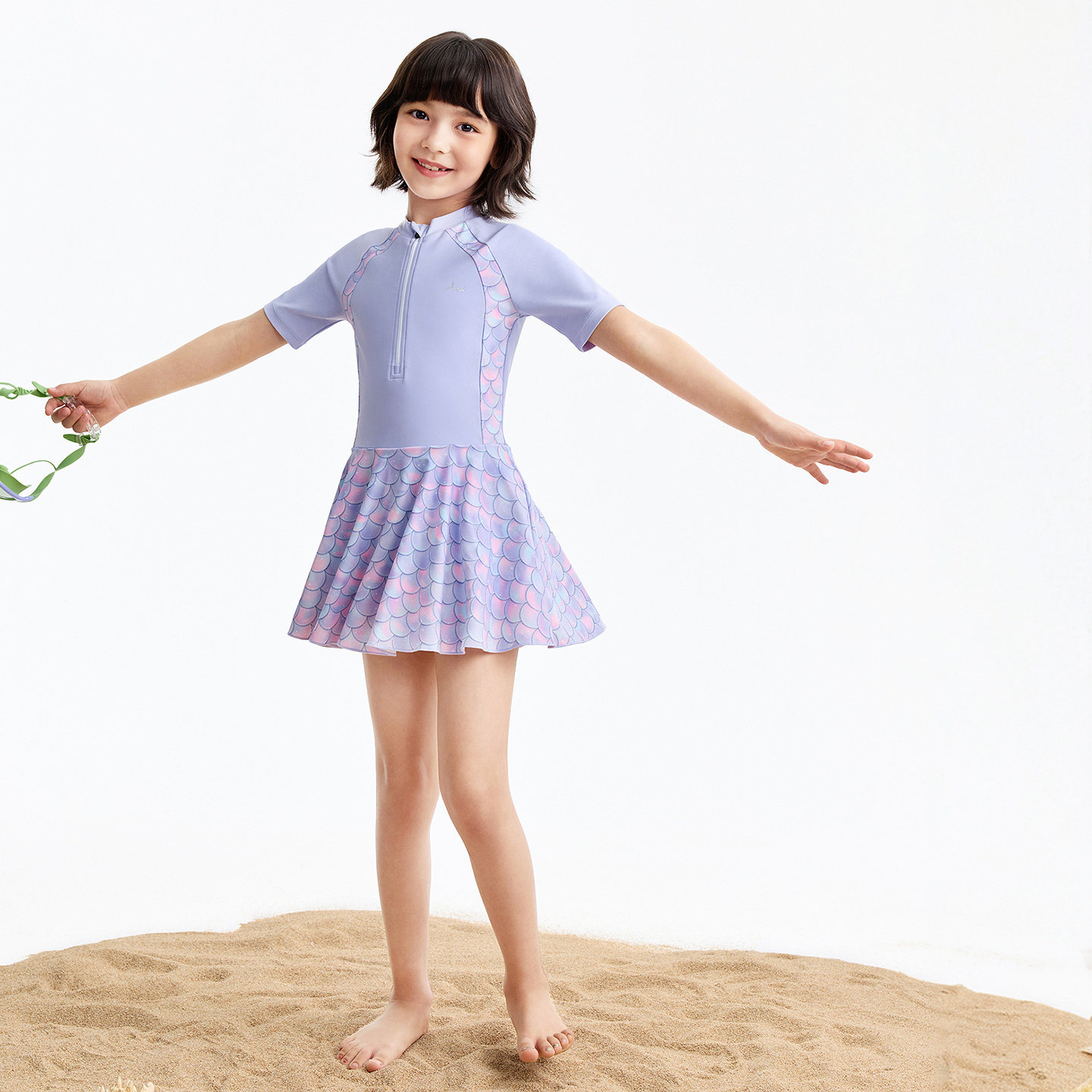 安奈儿童装2026夏新款儿童甜美游泳裙衣带泳帽女童连体式短袖泳衣