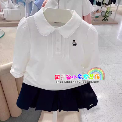 2025秋款小熊女童娃娃领纯棉衬衫中大童洋气打底衫儿童长袖上衣