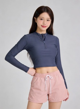 韩系长袖分体泳衣三件套保守显瘦简约休闲时尚高级感防晒度假泳装