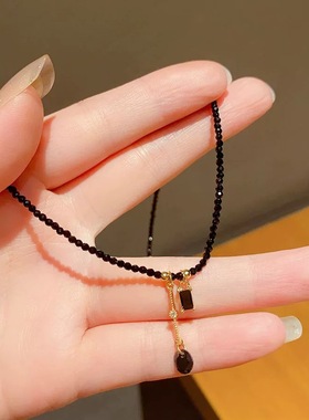 复古黑色水晶项链女短款锁骨链