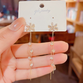 韩版 两戴超仙s925银针耳坠女 一款 气质水晶花朵流苏长款 耳环女个性