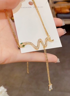 设计感蛇形方钻流苏项链女