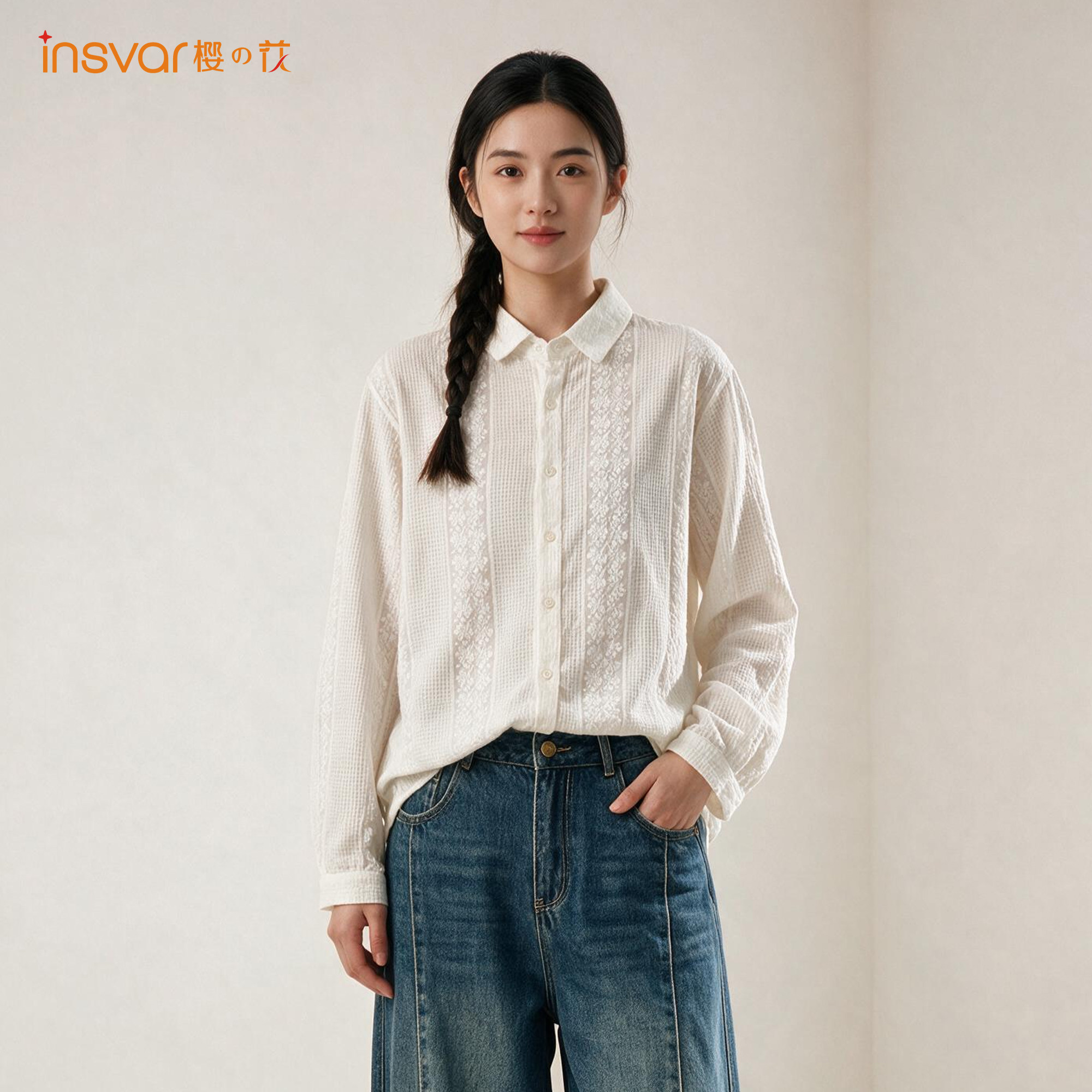 INSVAR文艺花边显瘦长袖衬衫