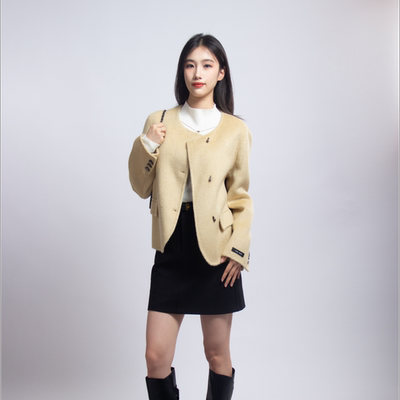 秋冬简约风小个子双排扣短外套女