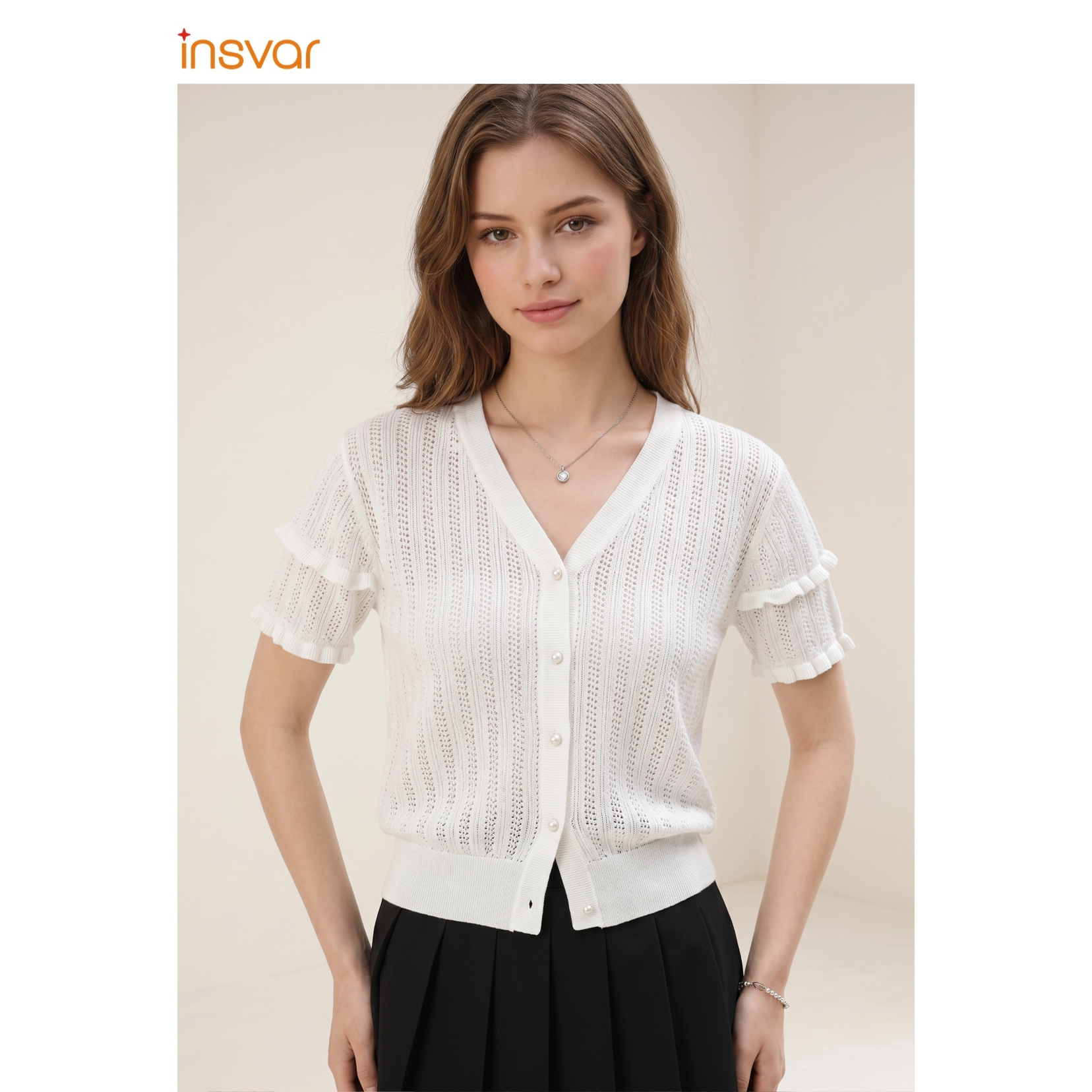 INSVAR夏季V领木耳边针织开衫