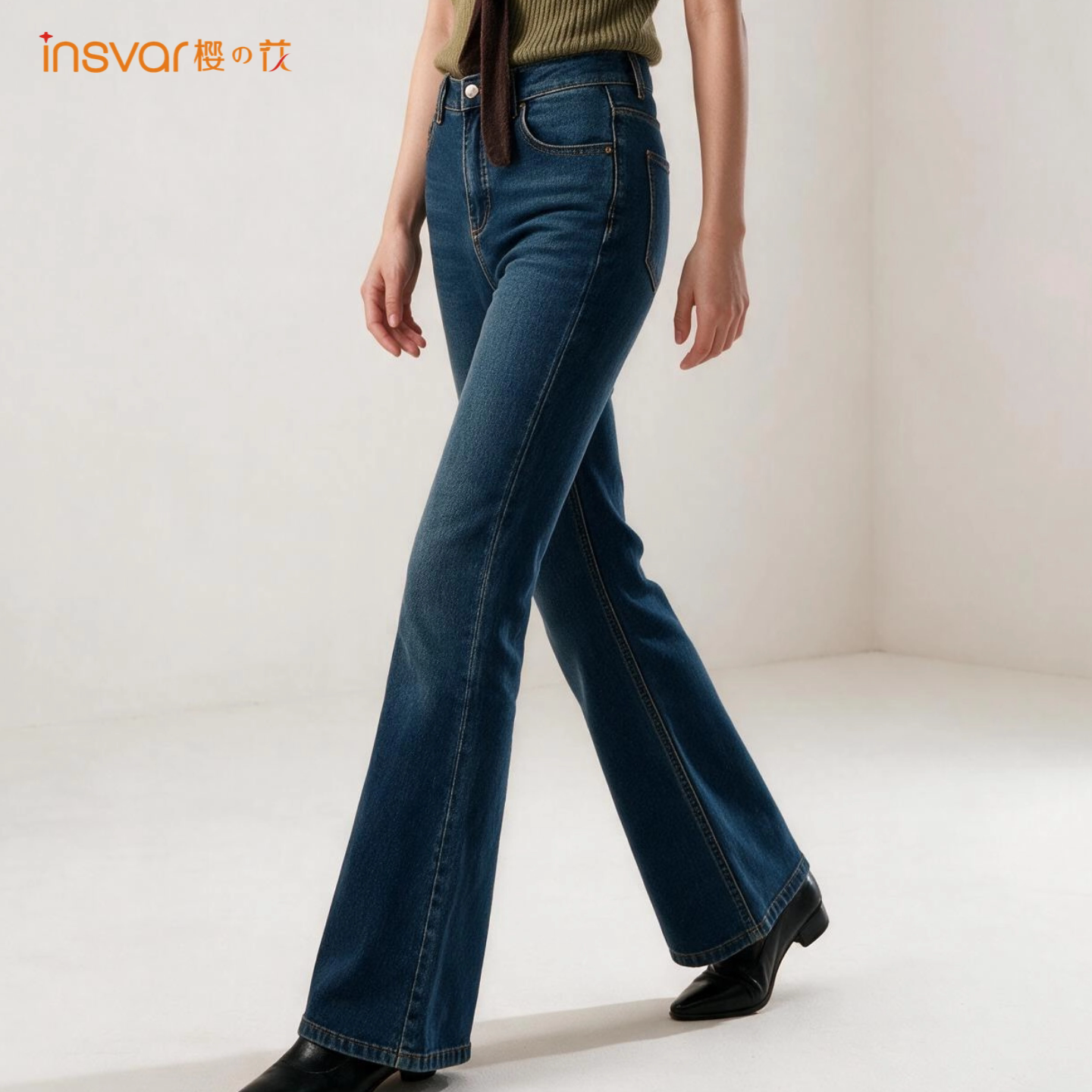 INSVAR高腰直筒微喇牛仔裤女百搭显瘦做旧长裤微弹
