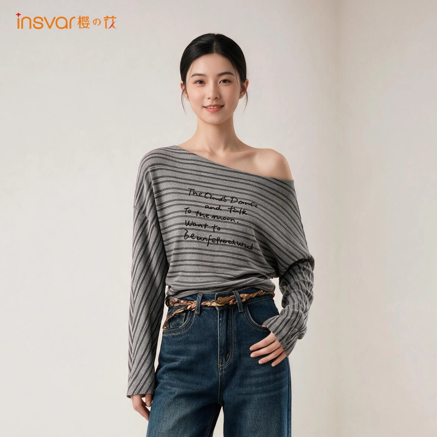 INSVAR斜肩条纹长袖T恤女显瘦