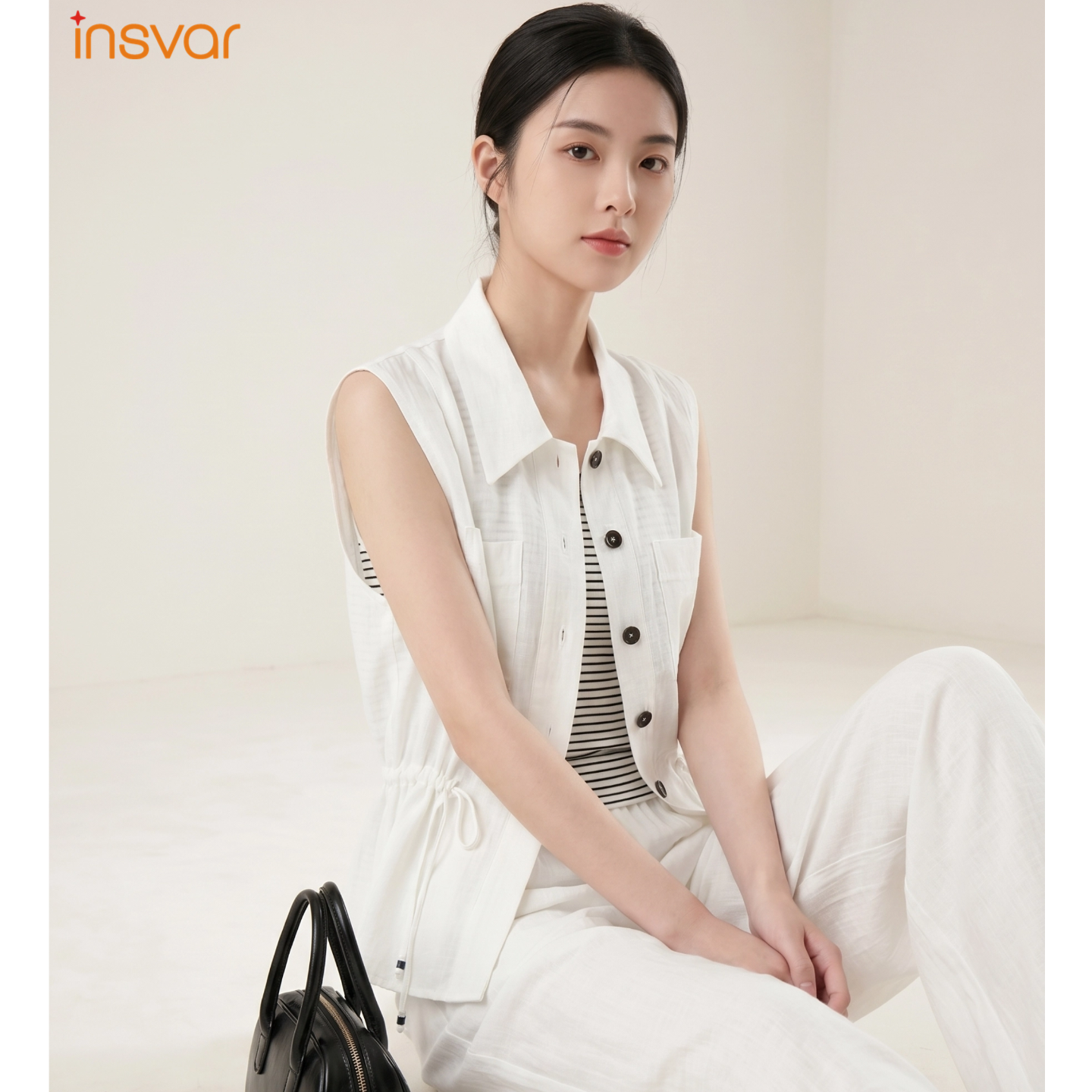 INSVAR白色翻领无袖显瘦马甲女