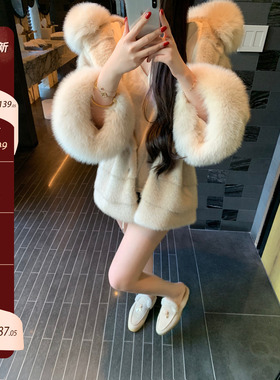 【万年女神】Y*ves收腰狐狸毛领环保水貂韩女感双版本外套