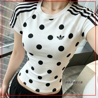 阿迪达斯三条纹波点短袖T恤女