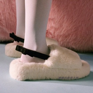 韩国正品代购Rockfish毛毛拖鞋可爱毛拖鞋蝴蝶结室内户外可穿