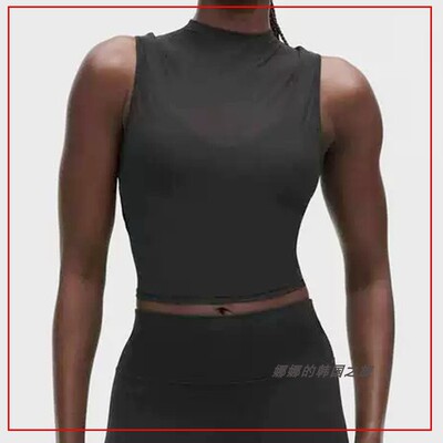韩国代购lululemon露露乐蒙Nulu瑜伽上衣高领无袖女网纱短款背心