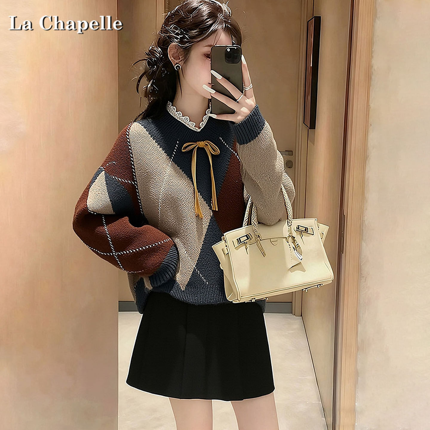 拉夏贝尔2025年冬季圆领套头撞色设计感针织衫宽松洋气上衣毛衣女,女装/女士精品,大码内搭,淘宝优惠券,粉丝福利购,淘宝优惠卷