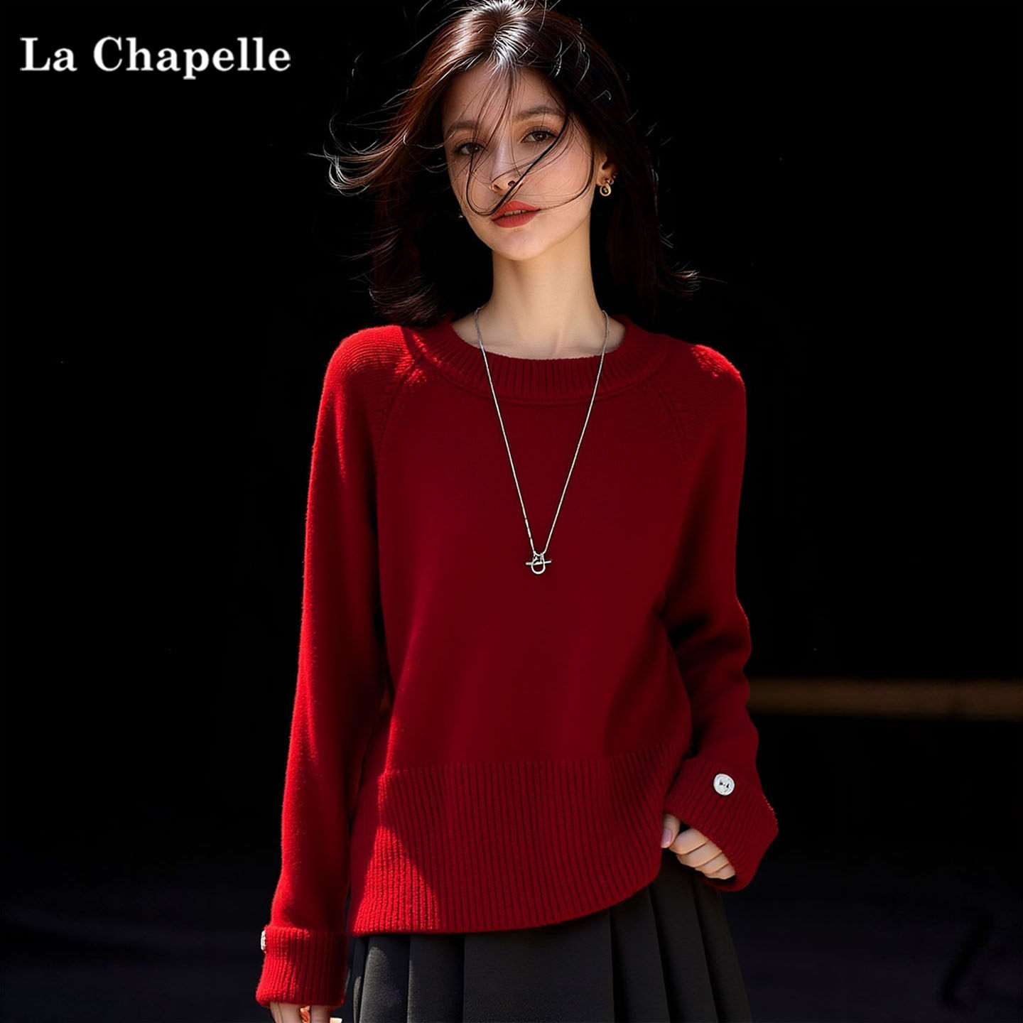 拉夏贝尔2025年冬季圆领套头红色本命年毛衣宽松慵懒针织衫上衣,女装/女士精品,大码内搭,淘宝优惠券,粉丝福利购,淘宝优惠卷
