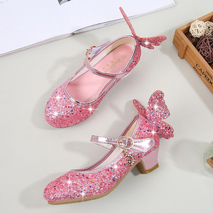 儿童高跟鞋2026艾莎公主亮片单鞋水晶鞋女童舞台走秀的叶罗丽鞋子