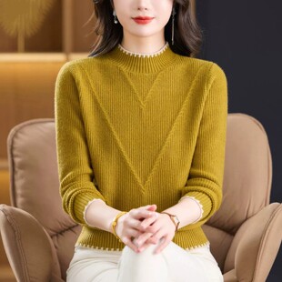 秋冬新款时尚半高领女套头螺纹针织衫内搭黄色毛衣保暖加厚打底衫