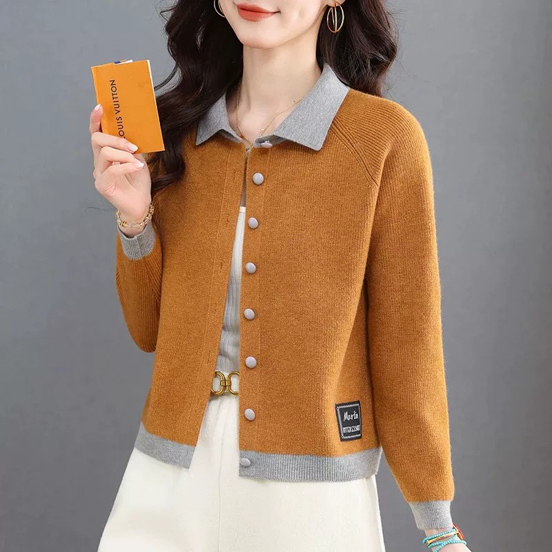 针织衫女秋宽松翻领短款毛衣外套