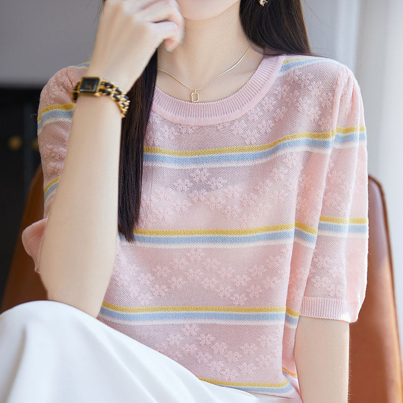胖mm夏季大码冰丝针织衫女士显瘦条纹上衣加肥宽松桑蚕丝短袖t恤