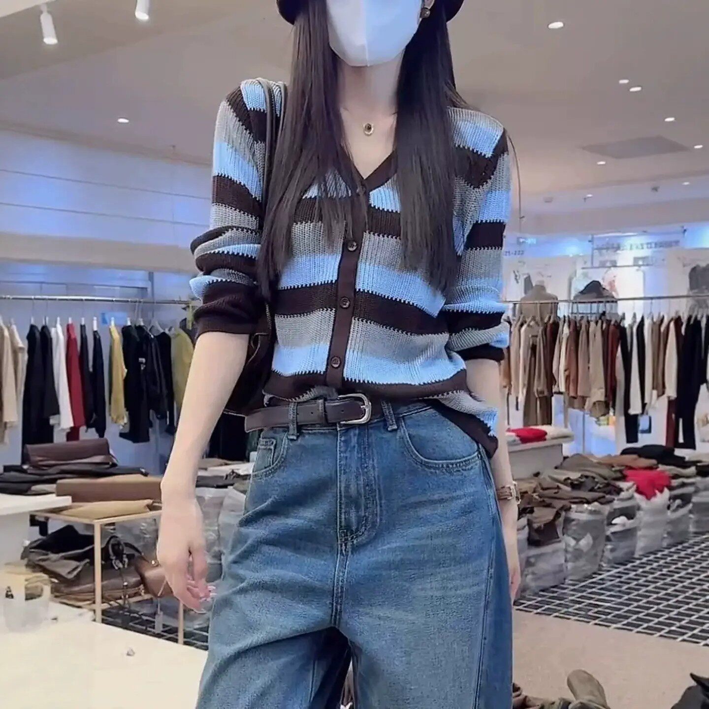 撞色条纹V领针织开衫女秋季上衣