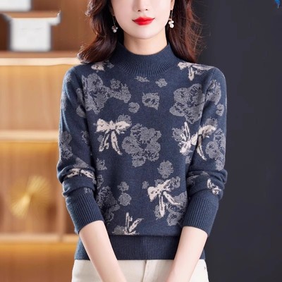 鄂尔多斯市妈妈打底毛衣女半高领洋气针织羊毛衫套头内搭秋冬上衣