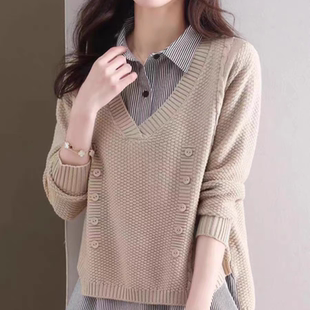 设计感小众洋气宽松内搭上衣娃娃领衬衣 2024新款 假两件衬衫 女秋装