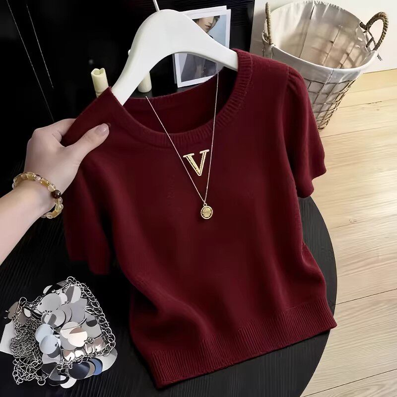 轻奢小众灰色针织短袖T恤女2026年夏季新款时髦减龄时尚气质上衣