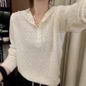 针织衫 连帽蕾丝雕花长袖 女2026早春法式 韩版 大码 内搭显瘦打底衫 装