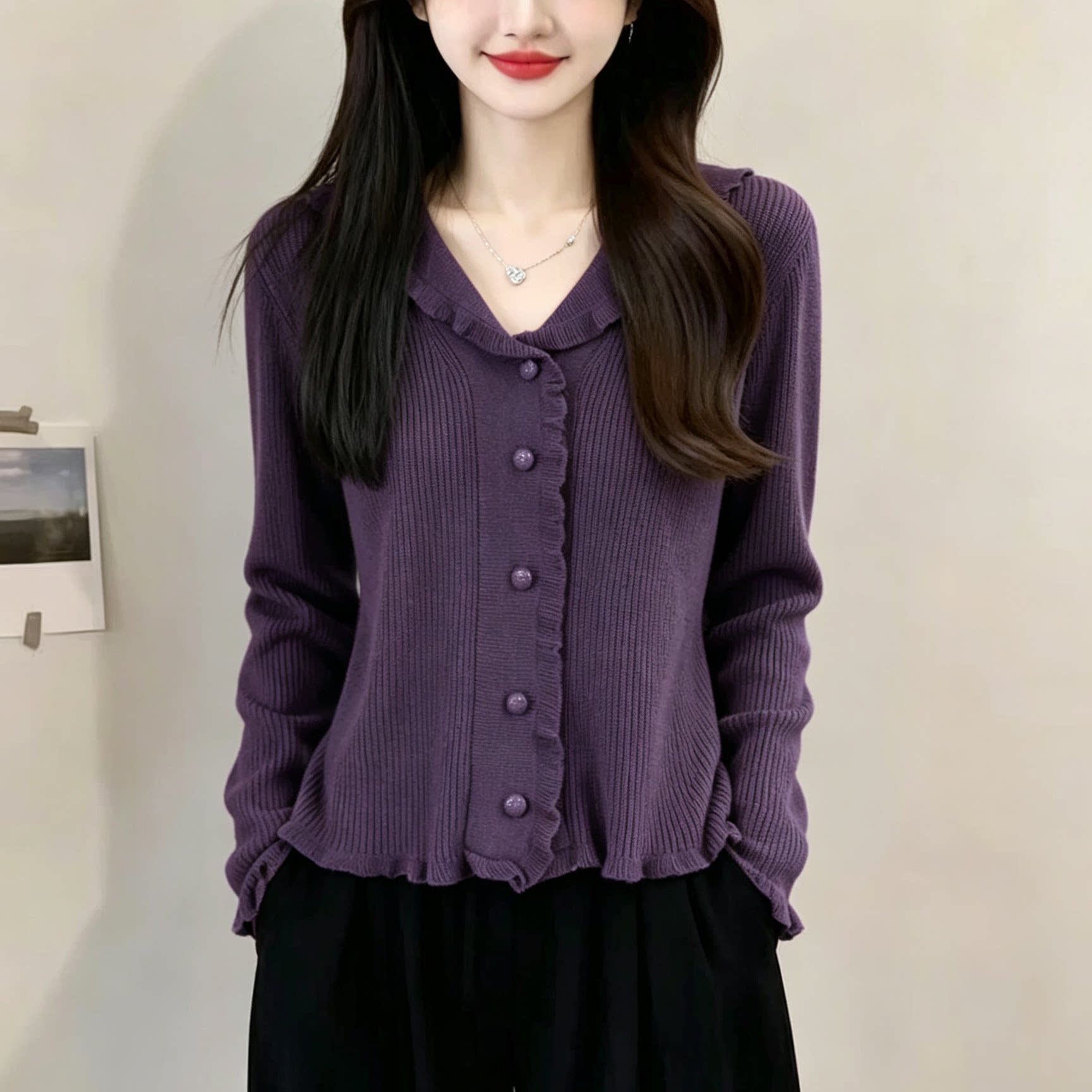 木耳边V领针织衫女春秋毛衣外套