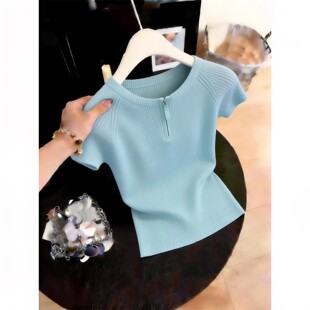 大码 慵懒风蓝色半拉链短袖 新款 女2026夏季 宽松百搭显瘦上衣 针织衫