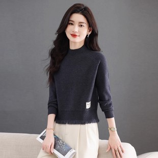 流苏短款毛衣女2025新款秋冬高腰小个子半高领针织内搭羊毛打底衫