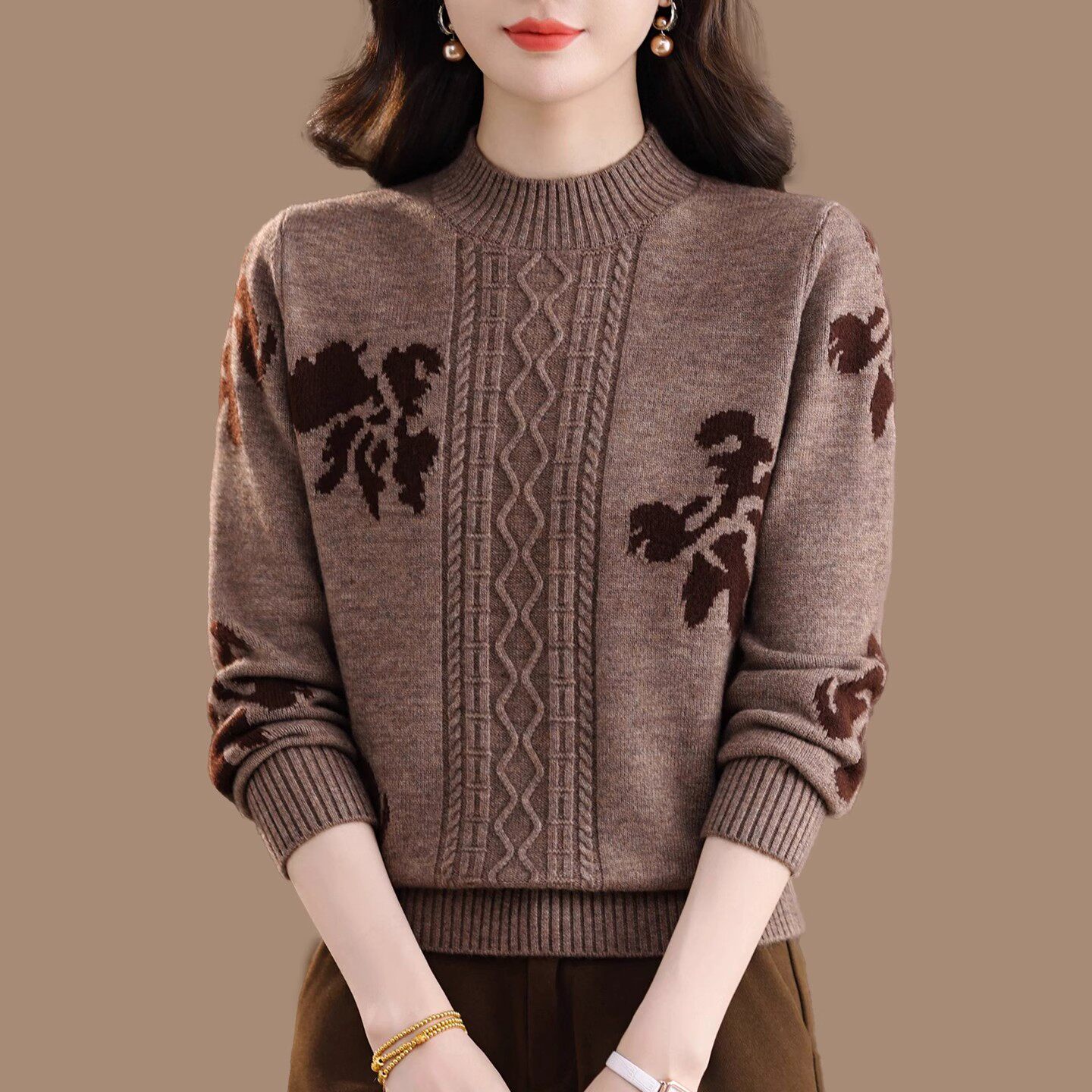 秋冬半高领羊毛衫妈妈加厚针织打底衫洋气印花麻花毛衣女内搭上衣