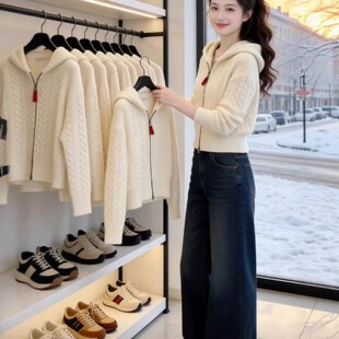 独特漂亮巨好看上衣 春季 米白色连帽绞花双拉链针织开衫 女2026新款