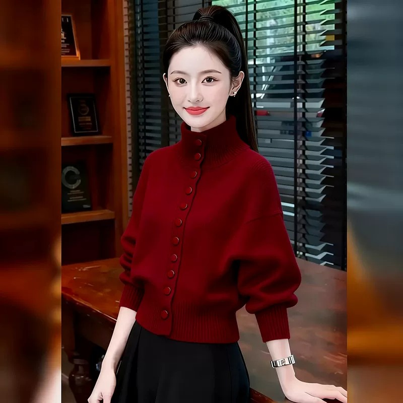 高领针织开衫女秋冬新款毛衣外套